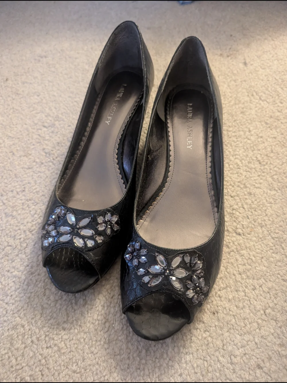 Laura Ashley Black Peep-Toe Jeweled Pumps